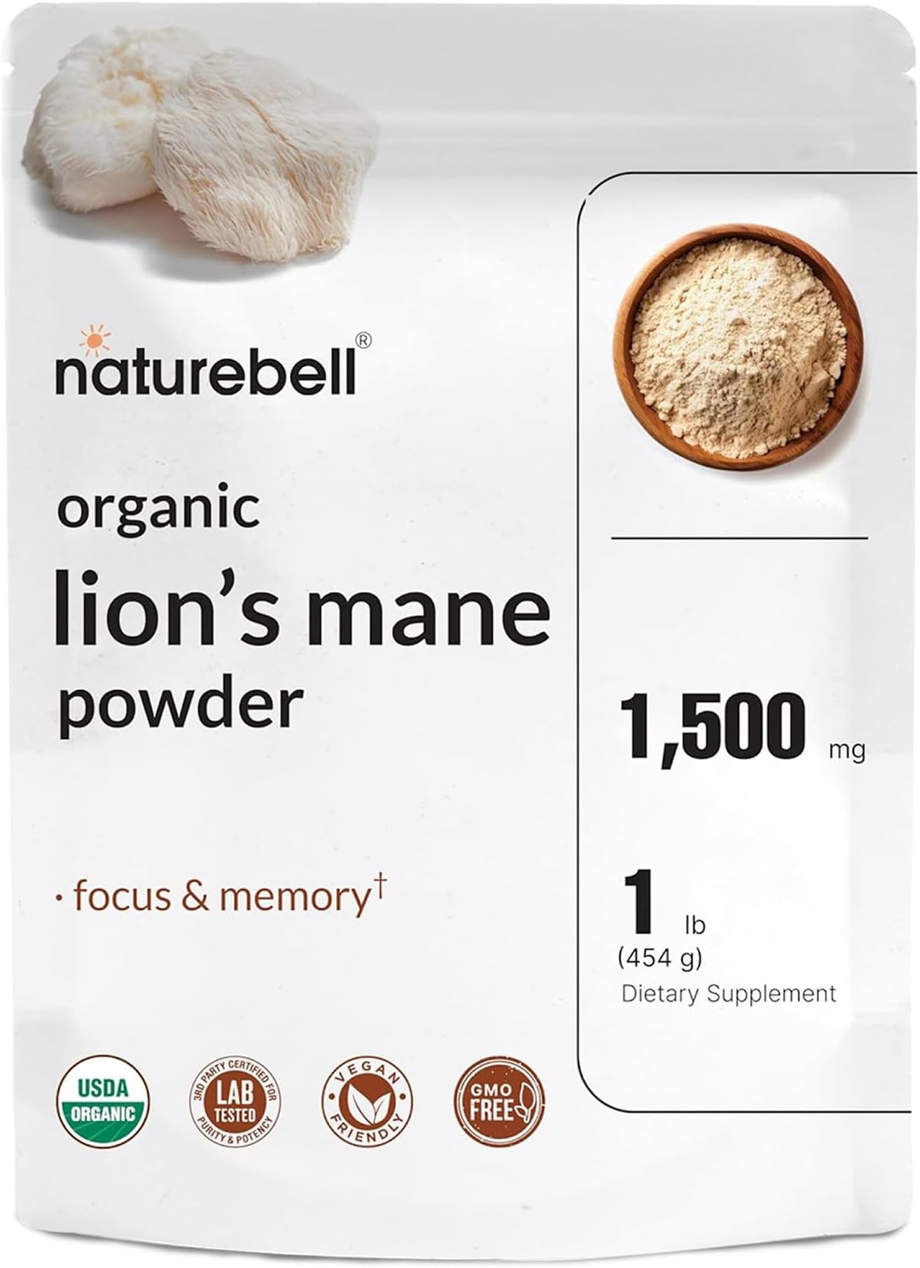 NatureBell Organic Lion’s Mane Powder 1,500mg - 1 lb - Brain, Focus & Memory Support* - Whole Fruiting Body & Mycelium - Non-GMO & Gluten-Free