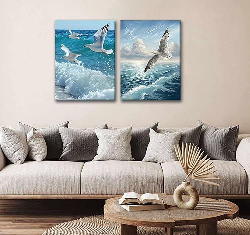 Miniatura 4 de 2 lienzos enmarcados para pared, impresiones artísticas de gaviotas volando sobre olas del océano, póster de pintura náutica costera, galería, para