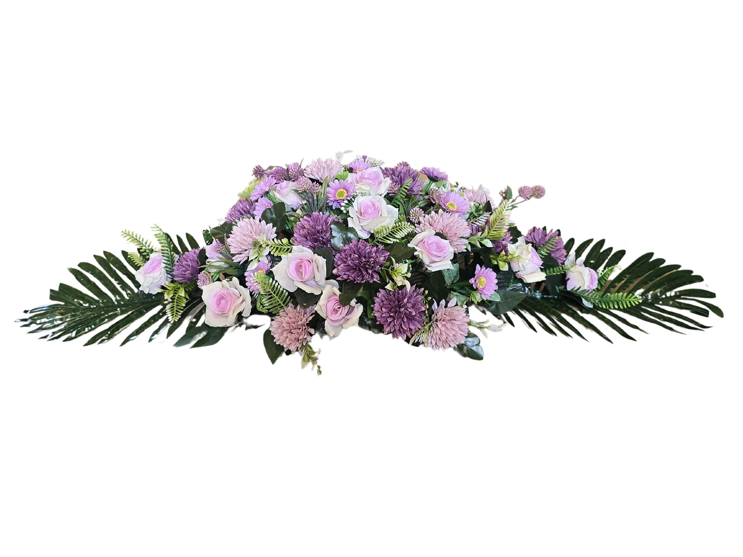 DRW Centro de Flores Artificiales cojin Cementerio procesiones, Iglesias Bodas o sepulturas con Flores Lilas y malvas Estilo Barco 115x45x25