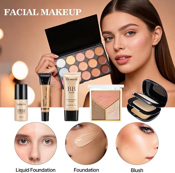 All in One Makeup Set for Women Full Kit, Make Up Gift Set, Makeup Essential Bundle Includes Foundation Eyeshadow Palette Concealer Lipstick Eyeliner Mascara Cosmetic Brush Set For Women Girls Teens