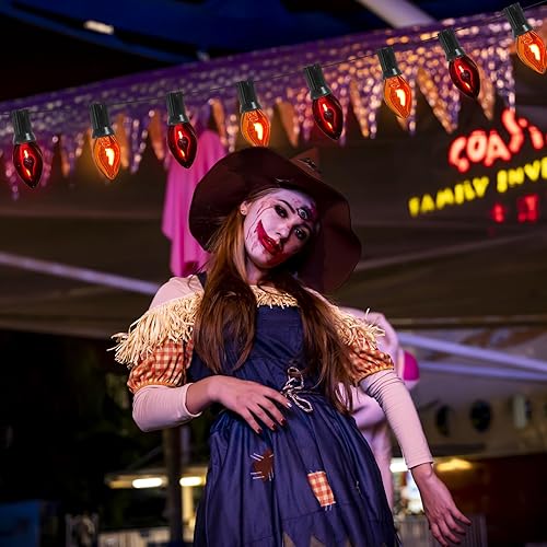 Miniatura 4 de Abeja Luces de Halloween naranjas y moradas, luces de patio al aire libre de 25 pies conectables, tira de luces de llama parpadeante para decoración