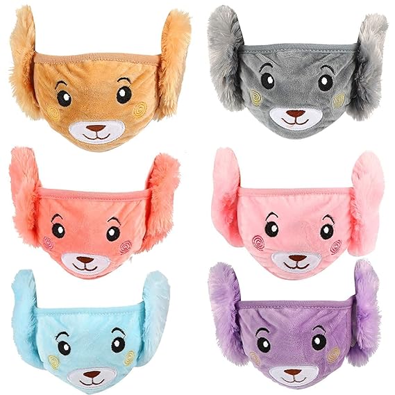 Winter Warm Face Mask with Plush Ear Muffs Ear Covers for kids (Size 4-13 Years) (Pack of 2 pc Mask)(Assorted Colors and Design)