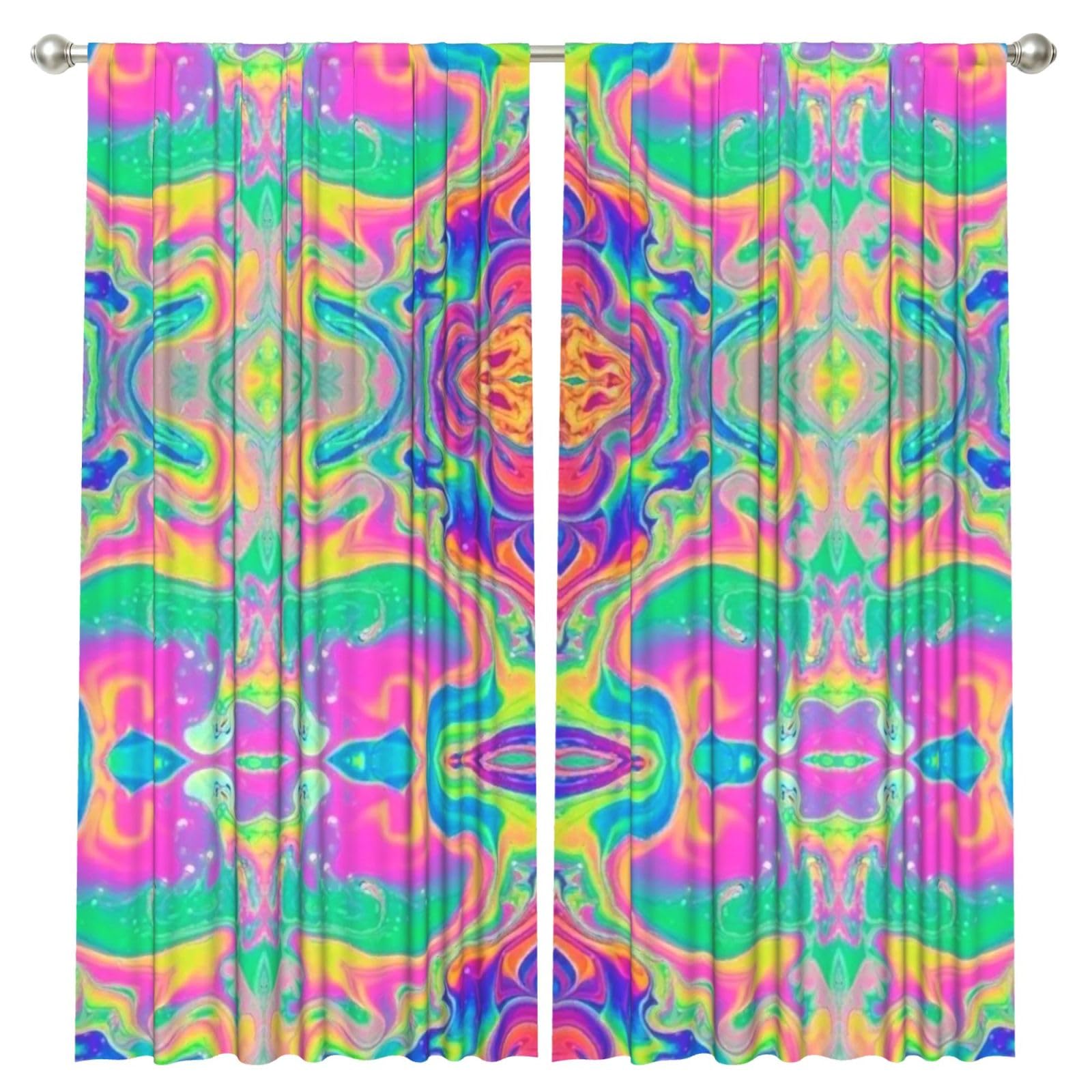 InOmak Neon Rainbow Colorful Tie Dye, 2 Panels Window Curtains 52 x 84 Inch Blackout Curtains for Living Room Bedroom