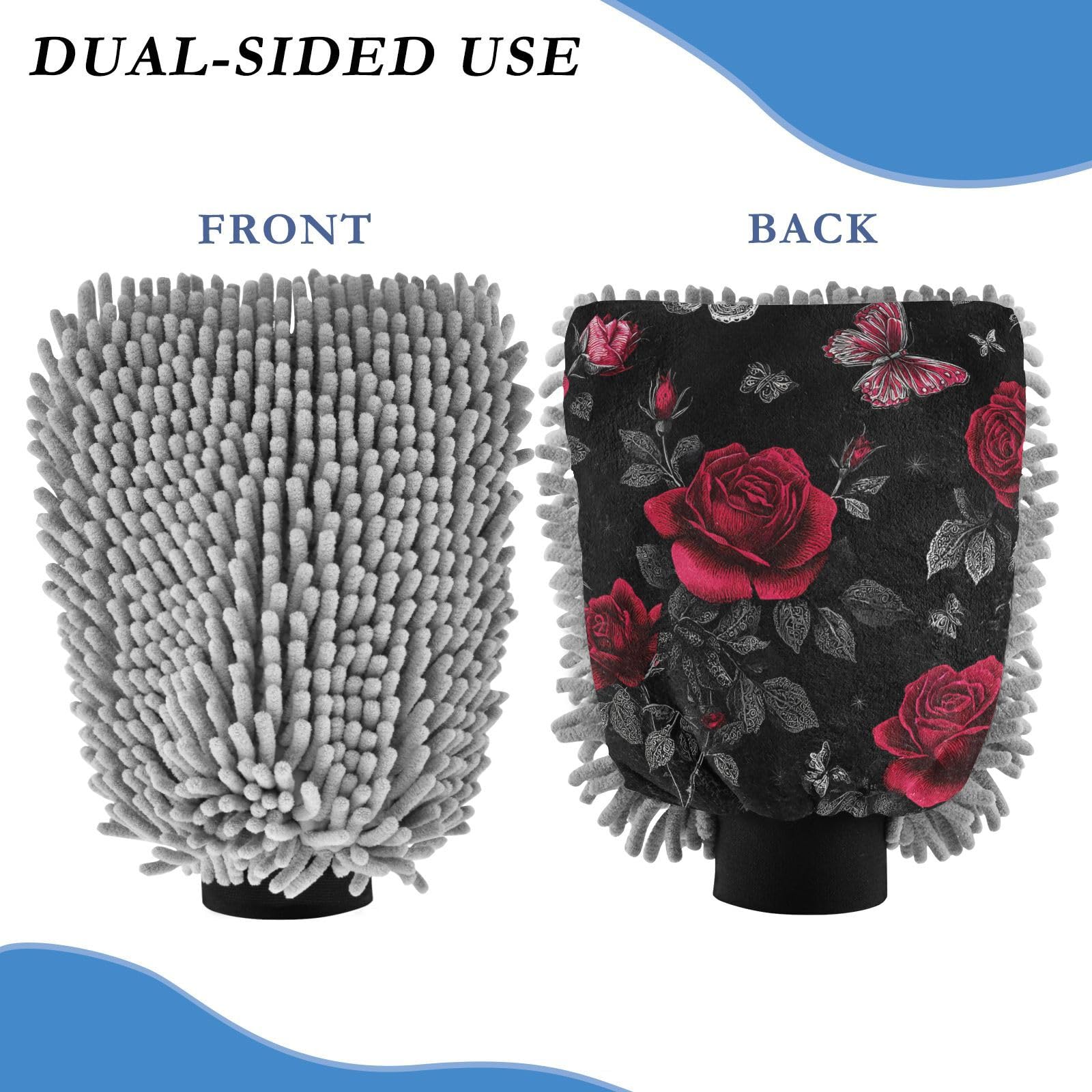 ALAZA Rose Flowers Floral Butterfly Car Wash Mitt Scratch Free, 2 Pack Absorbent Microfiber/Chenille Washing & Drying Mitts, M