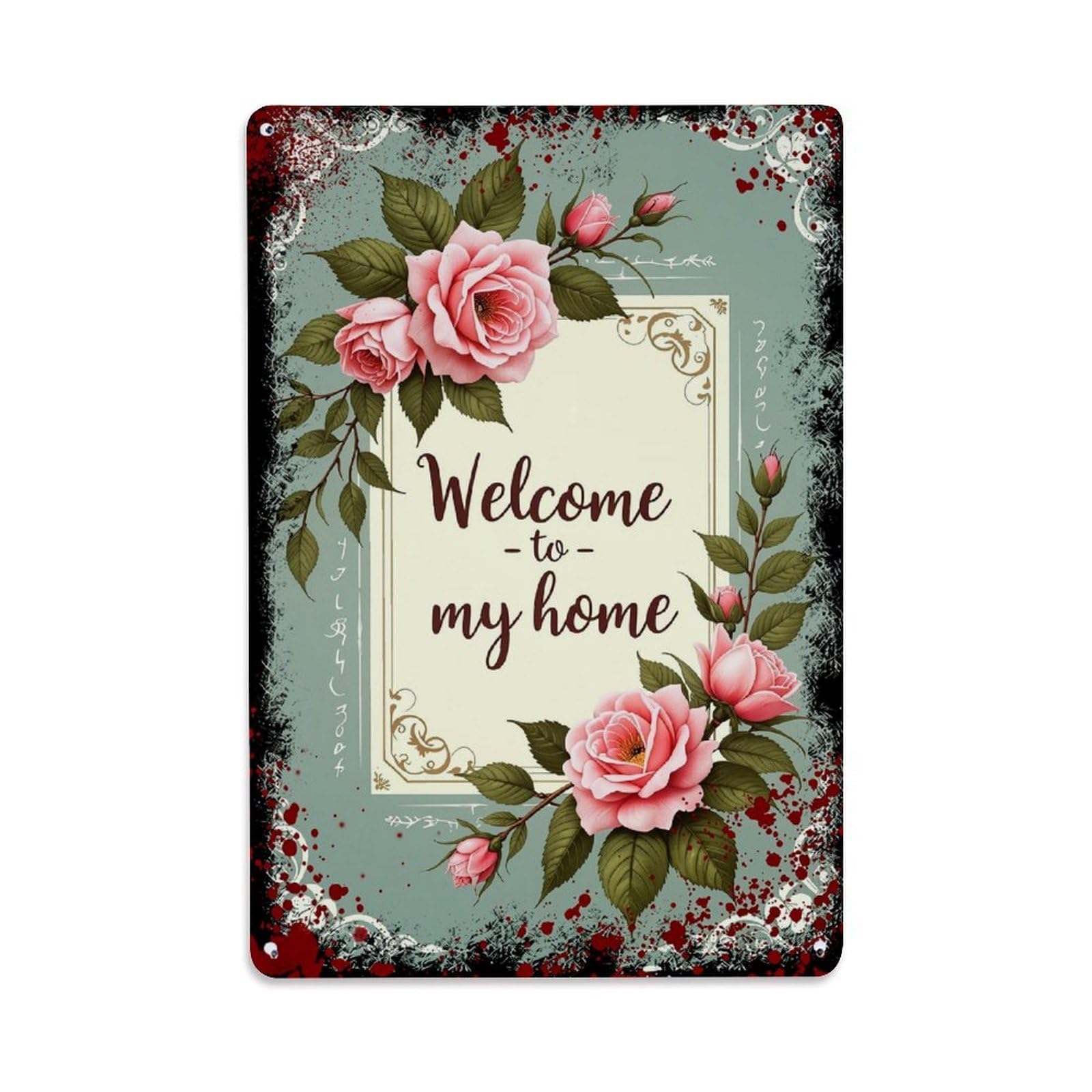 Jdfenggu Vintage Floral Rose Welcome Sign Art Retro Metal Tin Sign, Decor Art Poster For Bar, Home, Man Cave, Kitchen, Laundry Room Gift 8X12inch