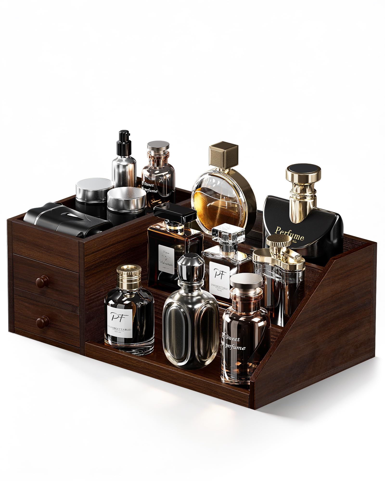 ProCase Organizador de Colonia de Madera con 3 Niveles y Cajones,Estante de Exhibición de Perfumes, Soporte de Escritorio para Fragancias y Cosméticos, Diseño Elevado y Barras Protectores – Marrón
