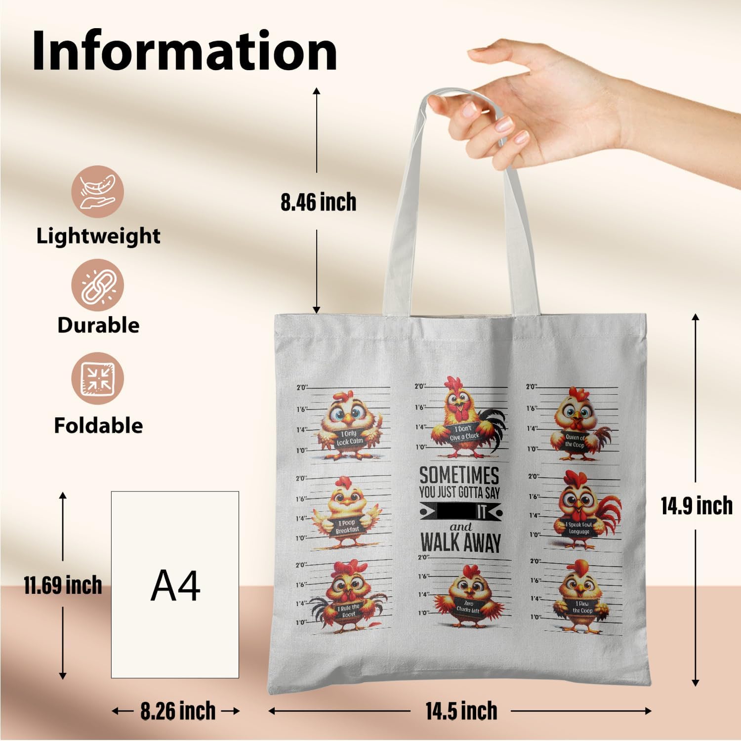 Funny Chicken Canvas Tote Bag, Poultry Hen Totes For Shopping, Women's Shoulder Bag - Image 6