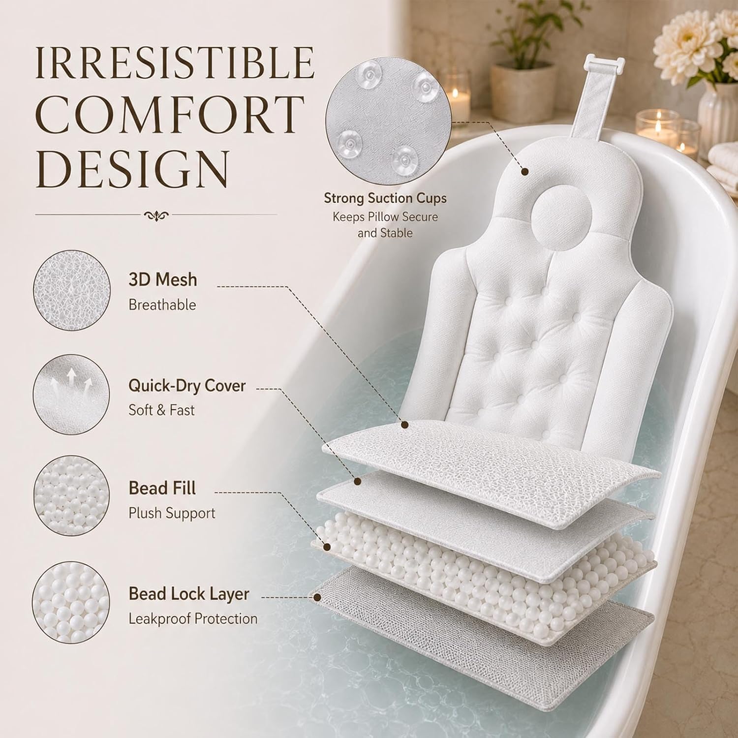 Bath Pillow and Seat Cushion, 2-Piece Tub Pillow with Buckle(White) | 22.4 in back pad; 11.8 in seat pad; 15.2 in wide; EPS bead filling; buckle strap and zipper-split design