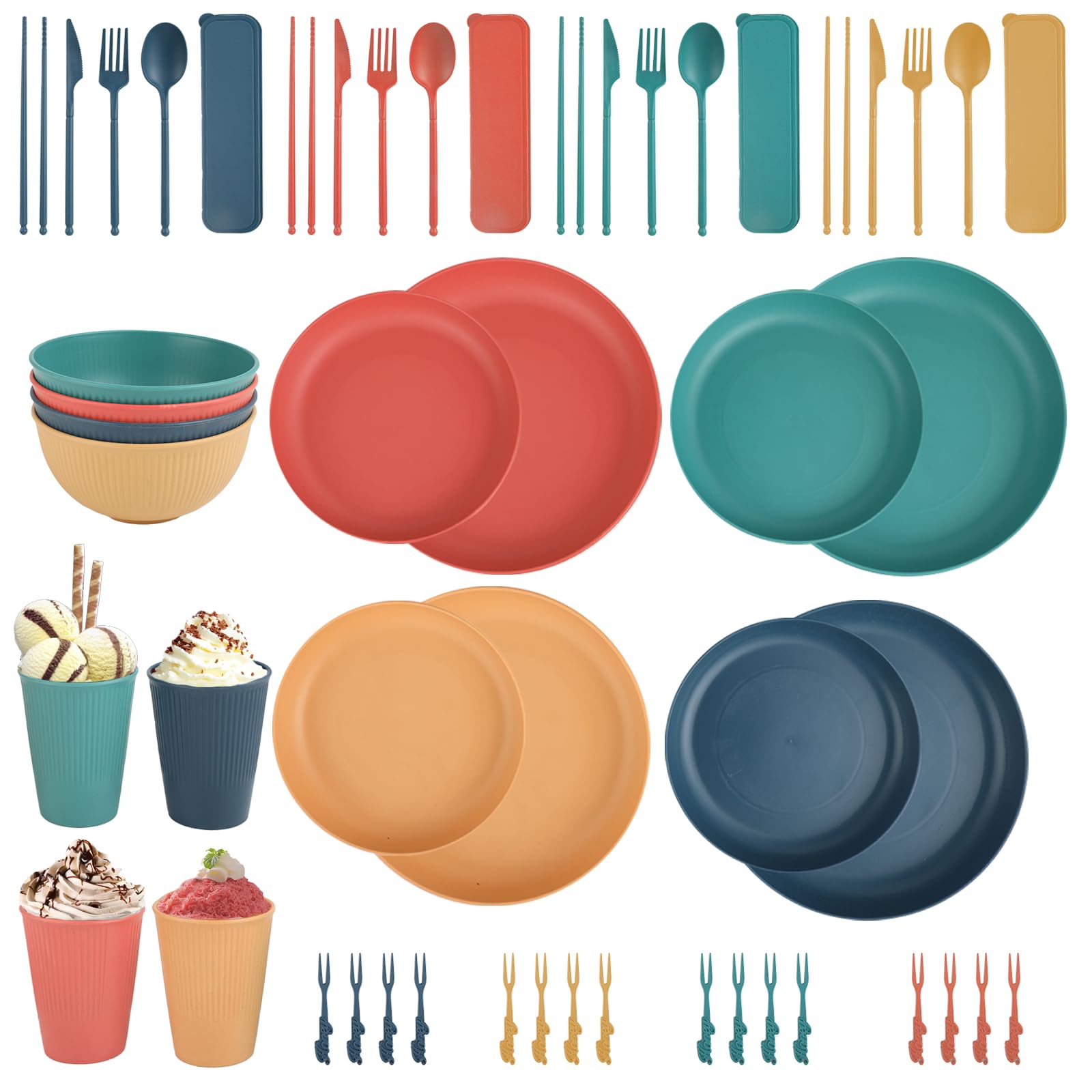 Juego de vajilla de camping 52 piezas para 4 personas – Vajilla ligera y apilable de plástico para picnic, barbacoa, jardín y viaje | Incluye platos, cubiertos, tazas y cuencos