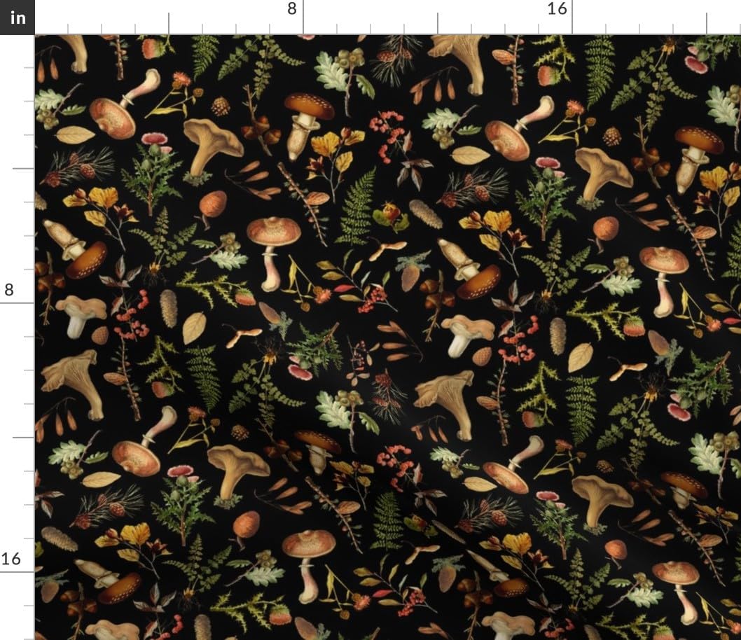 Spoonflower Fabric - Moody Mushroom Woodland Autumn Psychedelic Botanical Toadstools Black Printed on Petal Cotton Fabric Fat Quarter - Sewing Quilting Apparel Crafts Decor
