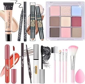 Makeup Set Kit for Women Girls Teens, Makeup Present Set, Includes 9 Color Eyeshadow, Counter Stick, Foundation, Eyebrow Pencil, Eyeliner, Mascara, Lip Gloss, 5Pcs Brushes, Sponge