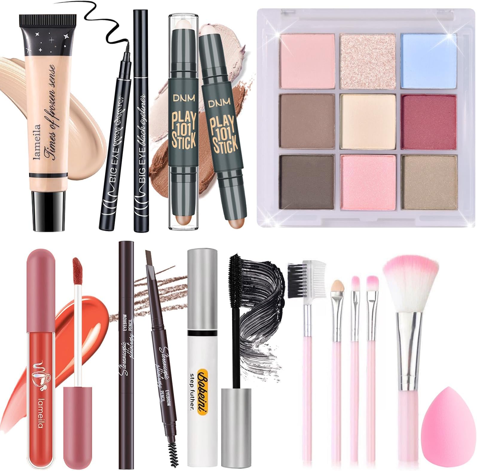 YBUETE Makeup Set Kit for Women Girls Teens, Makeup Present Set, Includes 9 Color Eyeshadow, Counter Stick, Foundation, Eyebrow Pencil, Eyeliner, Mascara, Lip Gloss, 5Pcs Brushes, Sponge