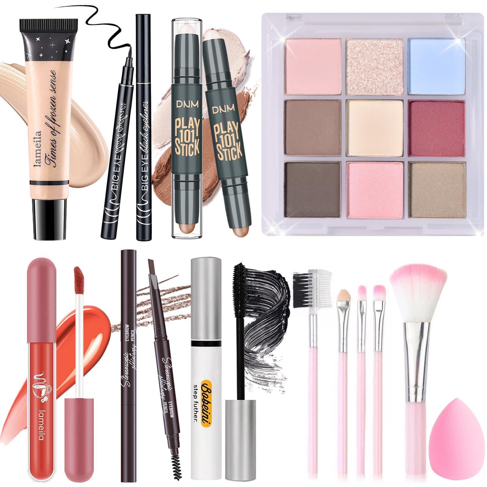Makeup Set Kit for Women Girls Teens, Makeup Present Set, Includes 9 Color Eyeshadow, Counter Stick, Foundation, Eyebrow Pencil, Eyeliner, Mascara, Lip Gloss, 5Pcs Brushes, Sponge