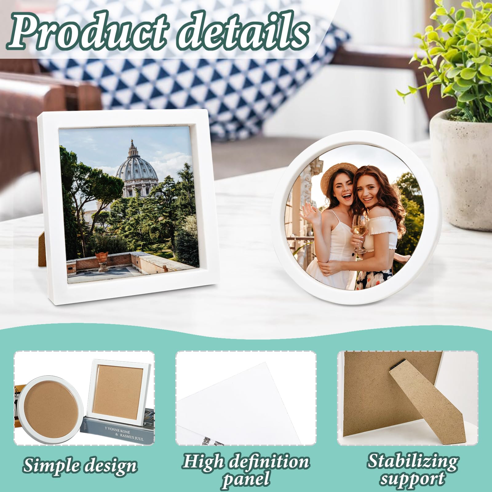 FuninCrea Picture Frames Small Photo Frame Square Poster Frame 7 Inch Wooden White Photo Frame with Stand for Decorative Photography Works Art Painting - Image 3