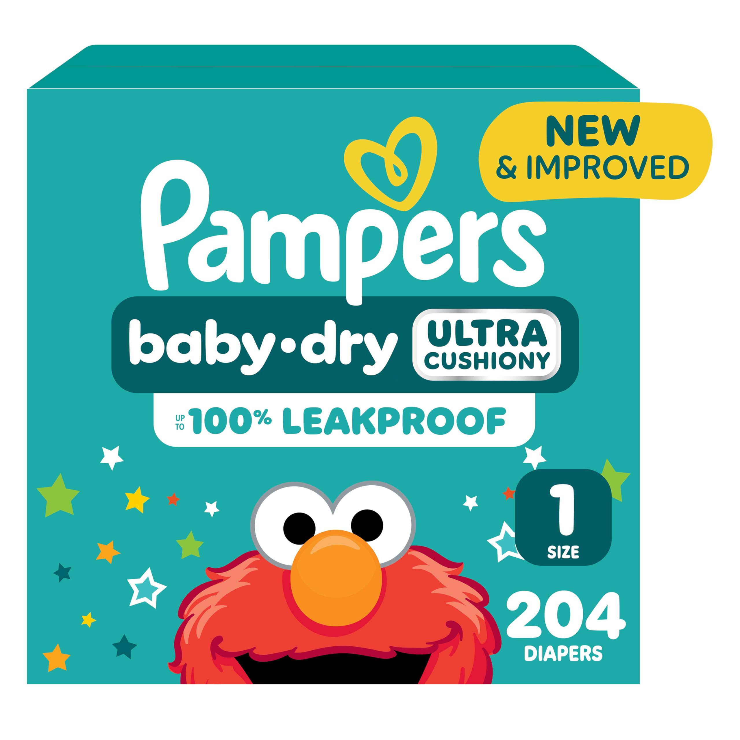 Pampers Diapers - Baby Dry - Size 1, 204 Count, Absorbent Disposable Infant Diaper (Packaging May Vary)