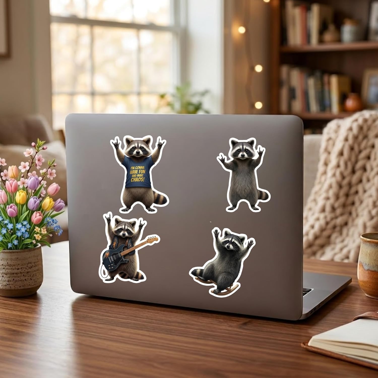Funny Rocker Raccoon Stickers - 4 Pack Waterproof Vinyl Die-Cut Decals - Trash Panda - Cute Aesthetic Water Bottle, Laptop, Skateboard Stickers for Teens & Adults - Chaos Raccoon Decor image 4