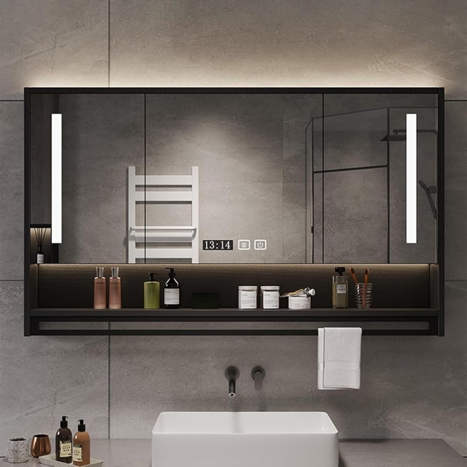 BKSXSOP 110cm Black LED Bathroom Mirror Cabinet - Wall-Mounted Storage with 3 Doors, Adjustable Shelves & Sensor Touch Lighting Modern Vanity nizer for Stylish Bathrooms