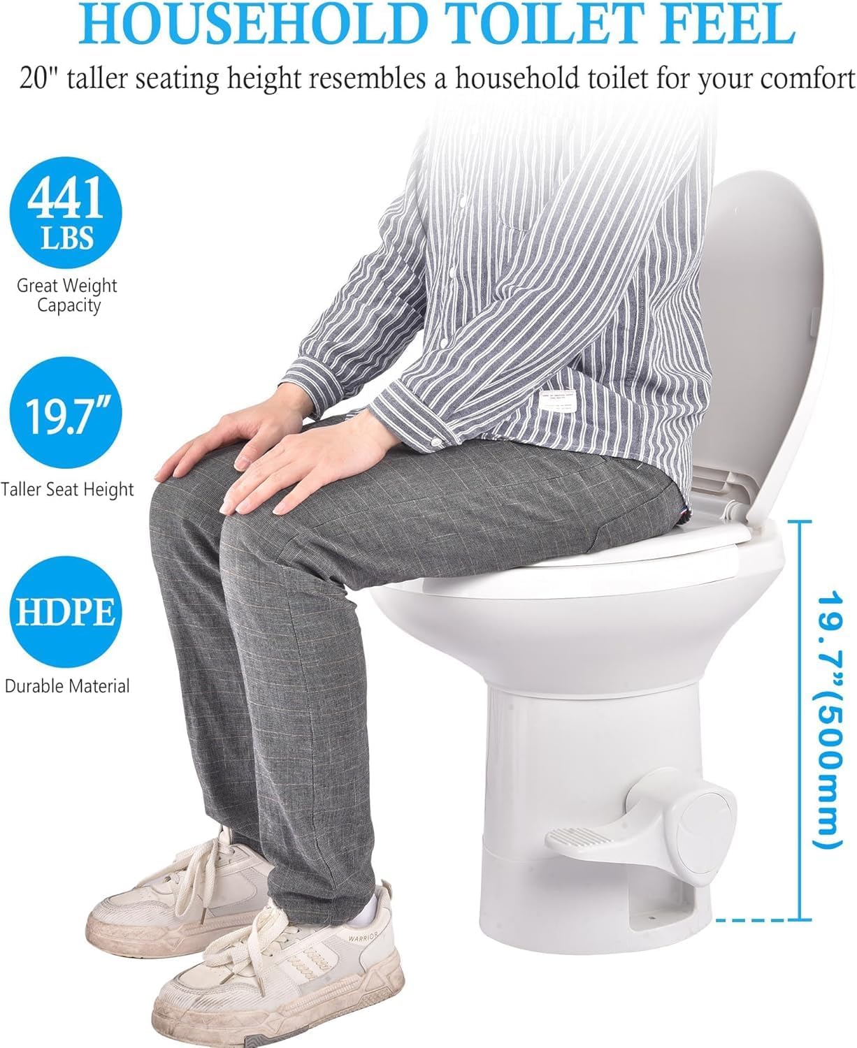 RV Toilet Gravity Flush Camper Toilet, 20" Height High Profile Travel Trailer Toilet for RV Foot Pedal, toilet for RVs, Trailers, and Outdoor Campers