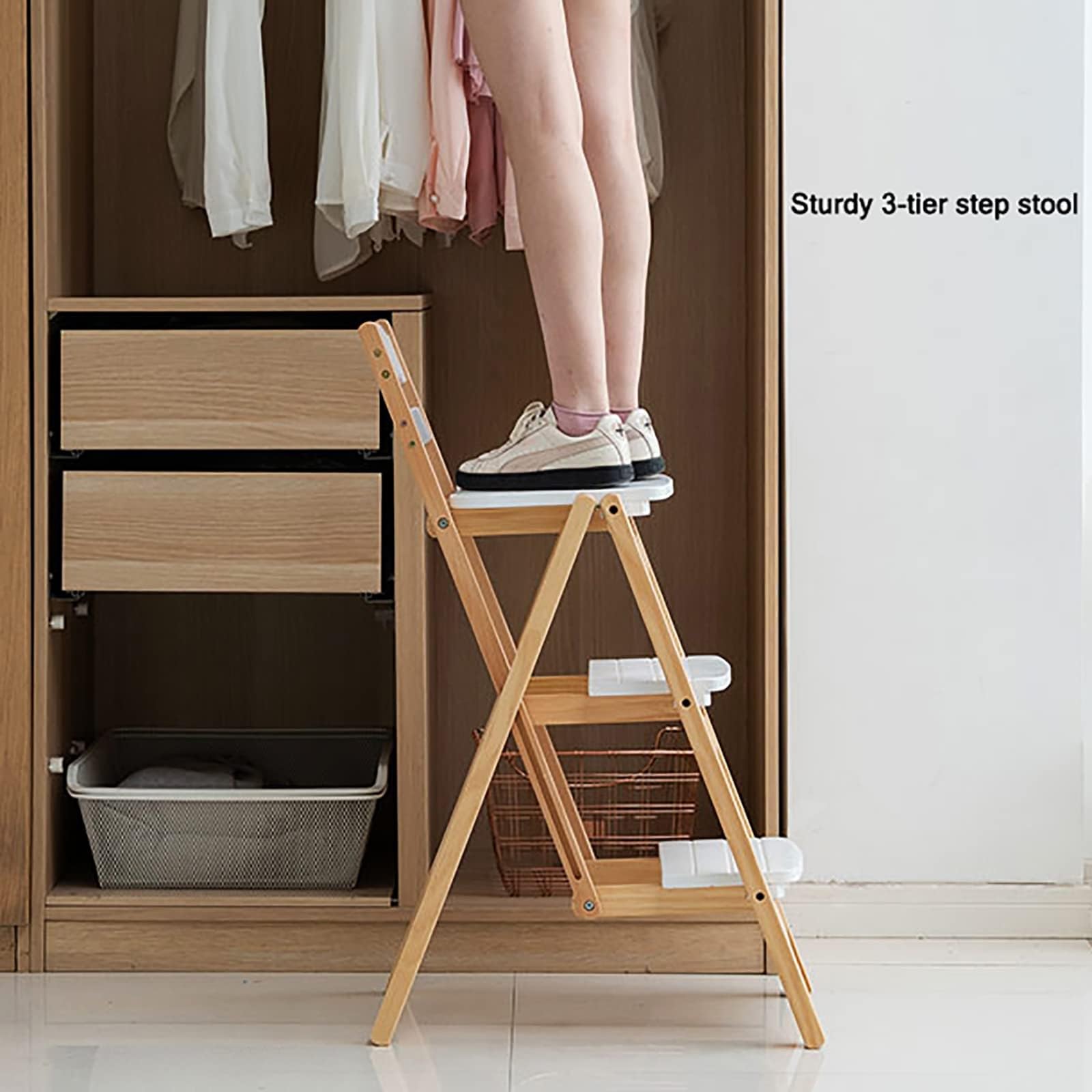 Heavy Du przenośny 3-stopniowy składany stołek schodowy - drabina z litego drewna do kuchni, baru, zastosowania na blacie - elegancki i wszechstronny design do domu i biura