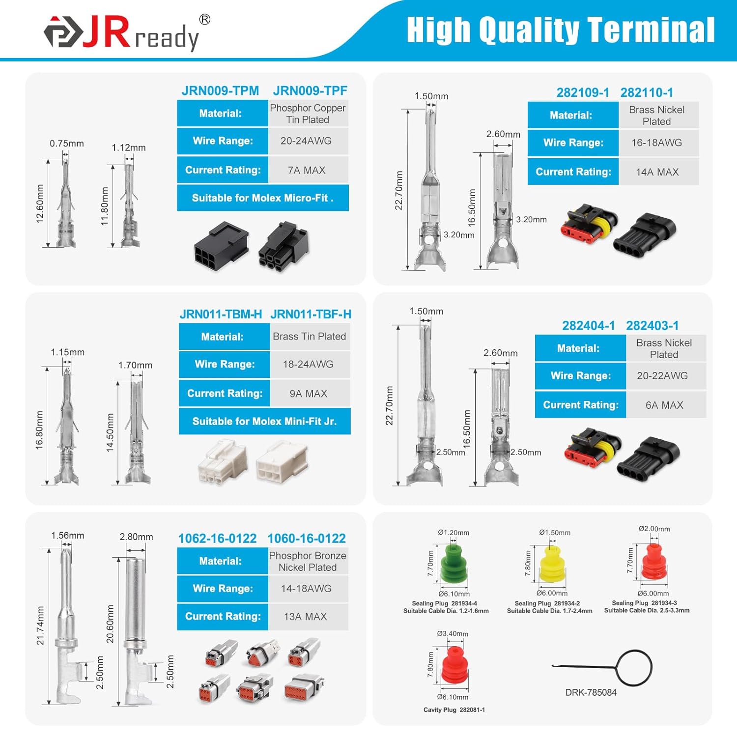 JRready ST6530 441Pcs Pins Terminals Pin Extractor Tool Micro-fit Mini-fit Jr Superseal 1.5 Deutch 16# Wire Crimp Contact Connector Electrical Automotive Male and Female Contacts with Pin Removal Tool