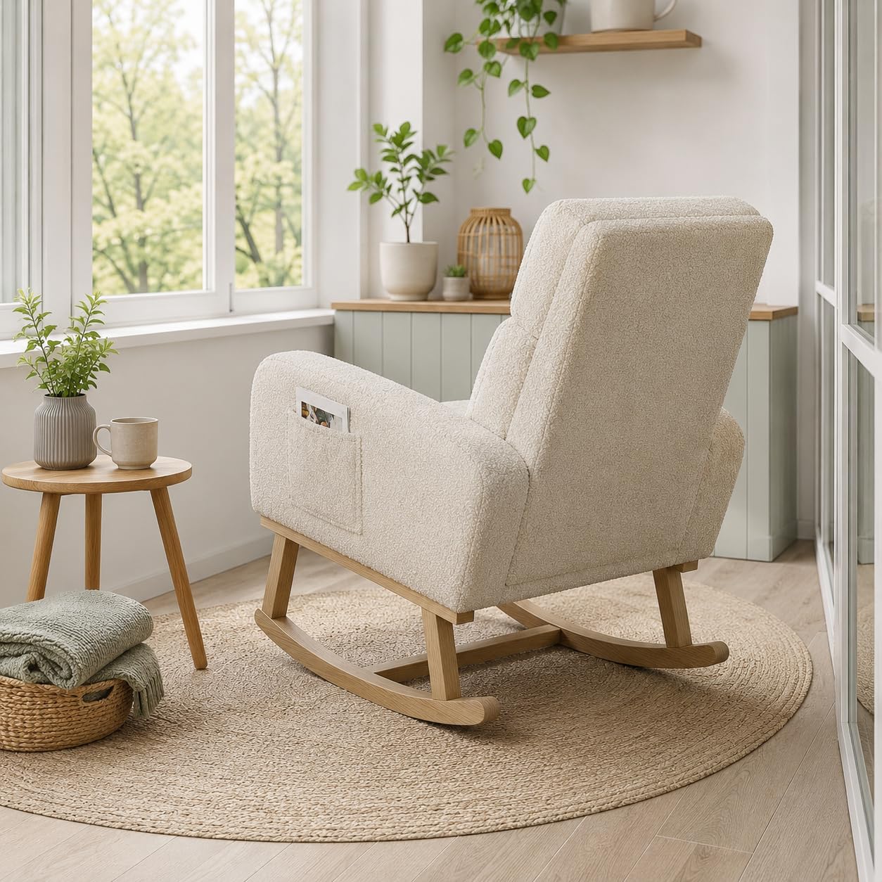 BRILVERDE Sedia a Dondolo, Poltrona Dondolo con Tasche Laterali Gambe in Legno massello, Allattamento al Seno, Sedia per Il Tempo Libero, Adatta per Soggiorno e Camera da Letto (Beige)