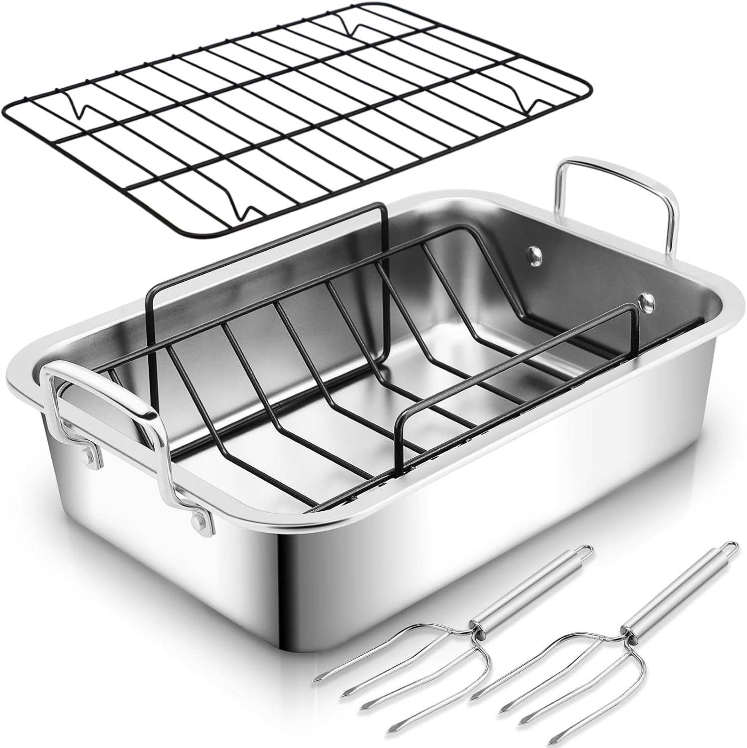 Hillbond Stainless Steel Roasting Pan With Rack 16 Inch - Turkey Roaster With U-Shaped and Flat Racks, Lifting Forks for Chicken, Vegetables - Set of 5