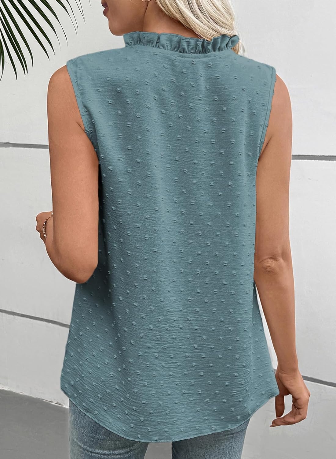 EVALESS Women's Tops Lace V Neck Dressy Casual Sleeveless Blouses Elegant Swiss Dot Smocked Shirts Spring Fashion - Image 2