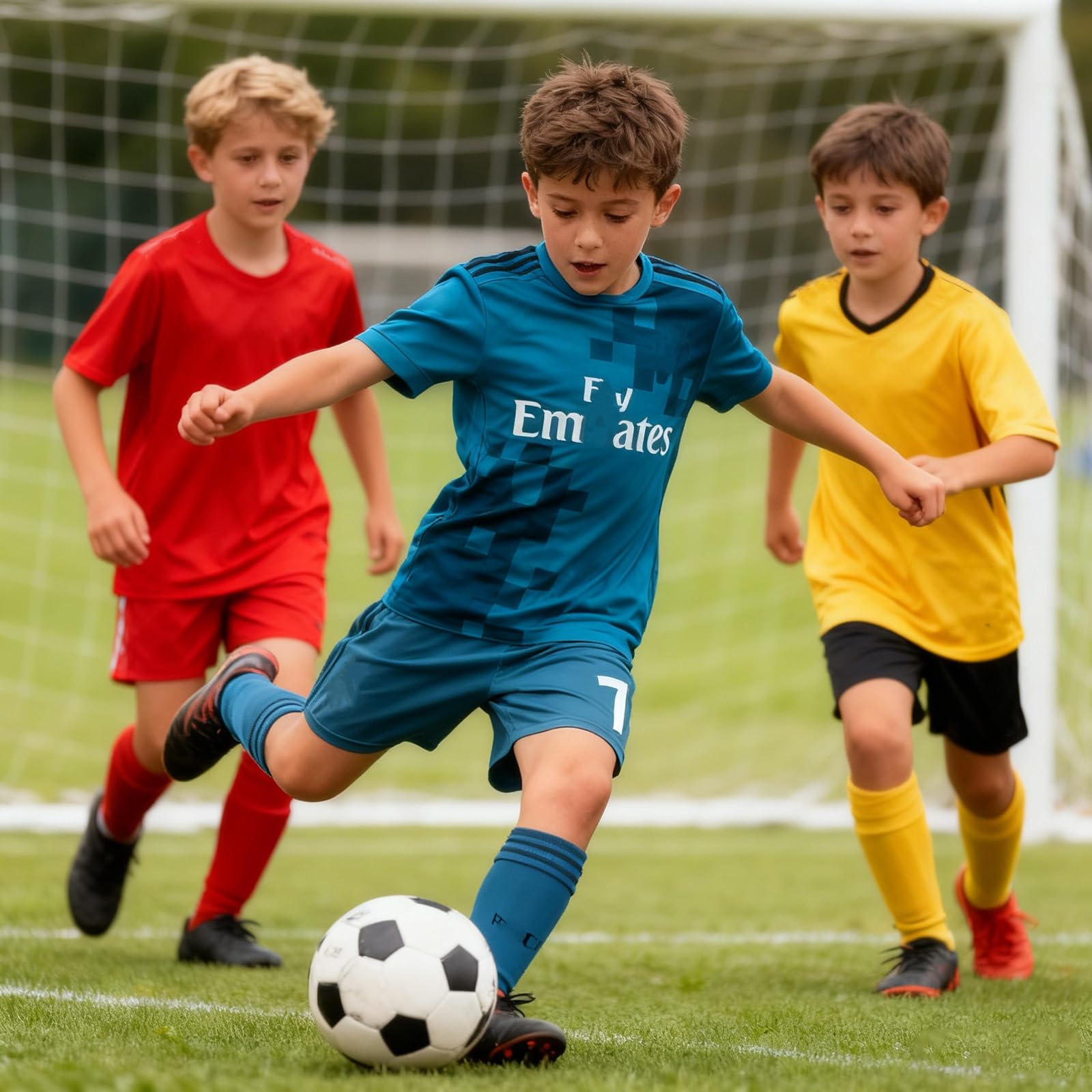 Fußball Trikot für Kinder, Trikot Nr. 7 Fußballtrikots Fussball T-Shirt Shorts Socken Schlüsselanhänger und Schienbeinschoner Set, Outdoor Football Jersey für Jungen