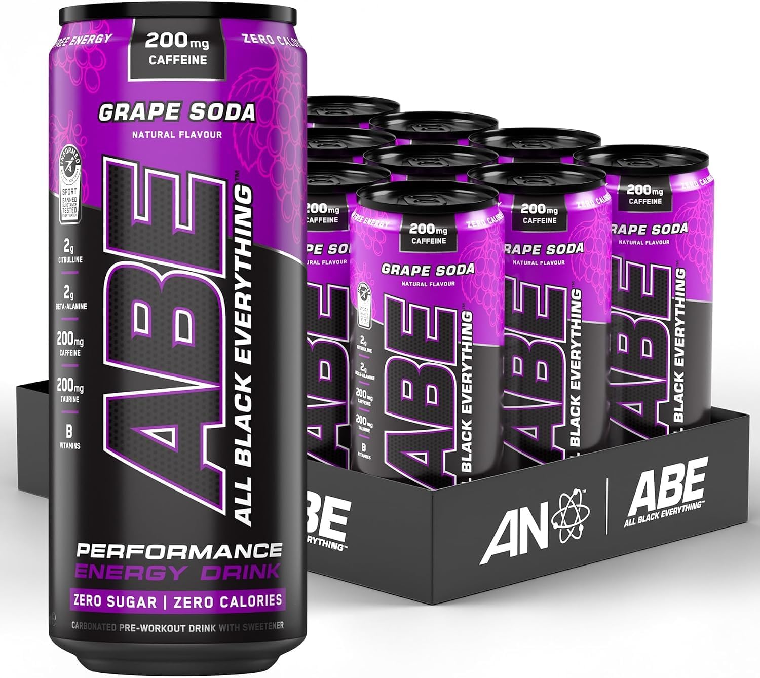 Applied Nutrition ABE Pre Workout Cans โ All Black Everything Energy + Performance Drink, Sugar-Free Carbonated Beverage with Caffeine (American Grape) (Pack of 12 Cans x 330ml)