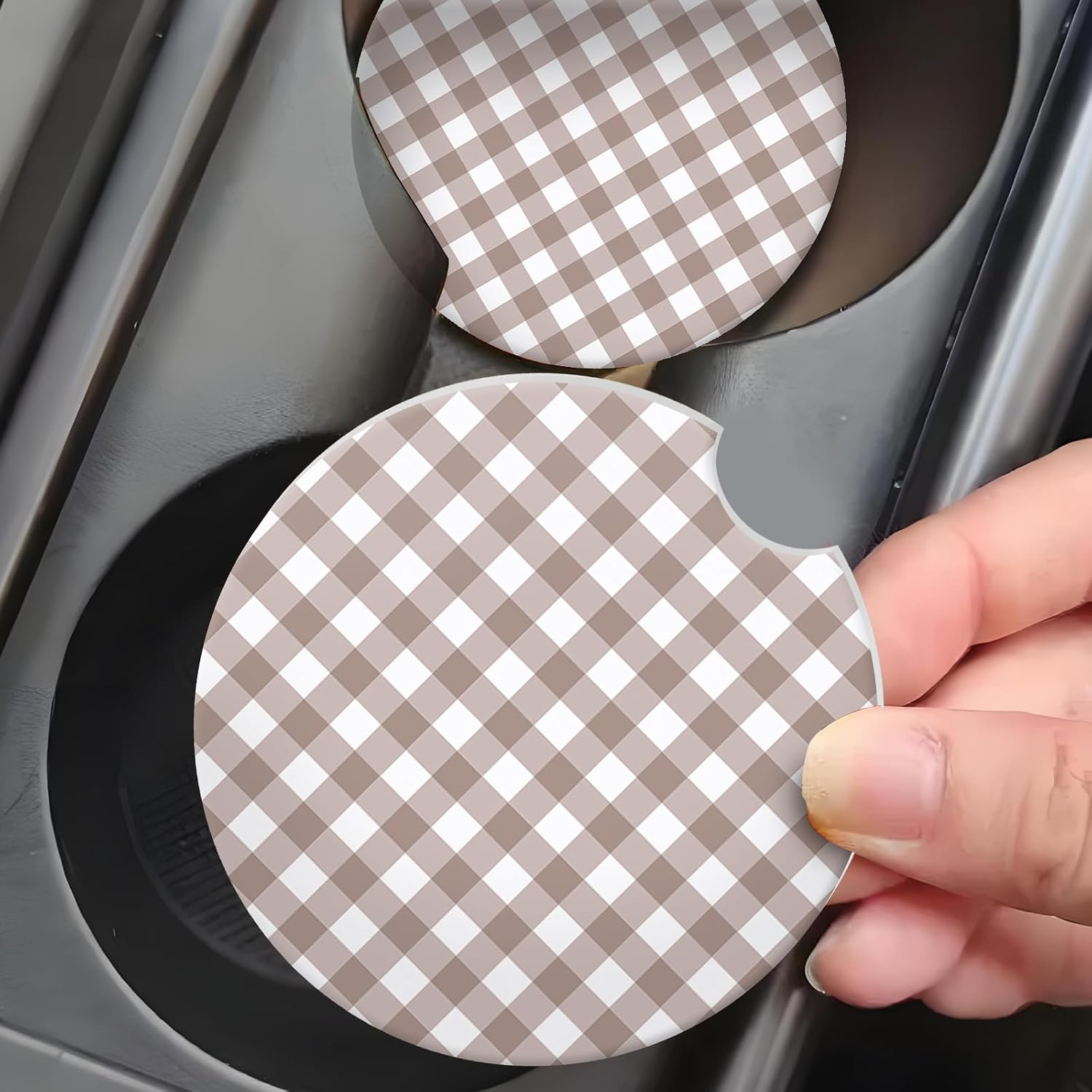 2 Pcs Cute Brown Gingham Ceramic Car Coasters for Cup Holders image 3