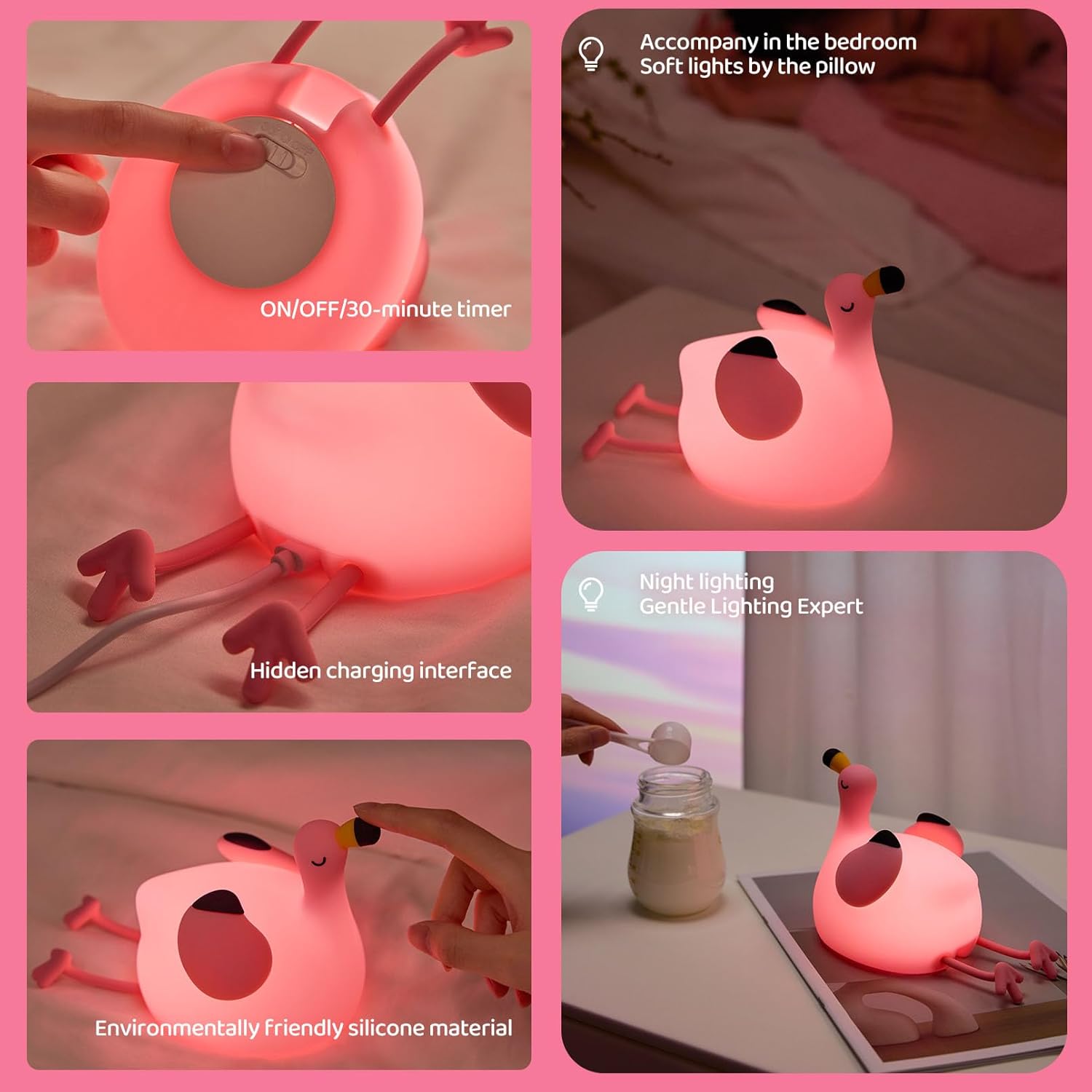 DADYLOBO Pink Flamingo Night Light for Kids, Dimmable Silicone LED Baby Nursery Night Light, Funny Nightlight Girls Trendy Gifts, Rechargeable Bedside Lamp Kawaii Pink Decor for Bedroom Home Office - Image 4