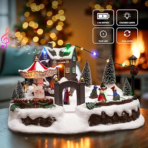 Miniatura 2 de Casas de pueblo de Navidad, aldea de nieve de resina con carrusel iluminado y musical y pista de hielo, decoración de interiores para el hogar