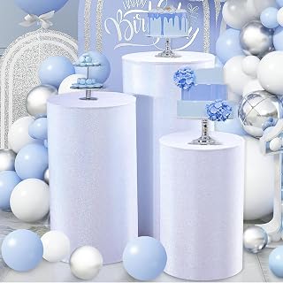 QueenDream Glitter Pedestal Stand Covers for Party 3Pcs Silver White Cylinder Pillars Plinth Display Box Stand Cover for Wedding Baby Shower Decor