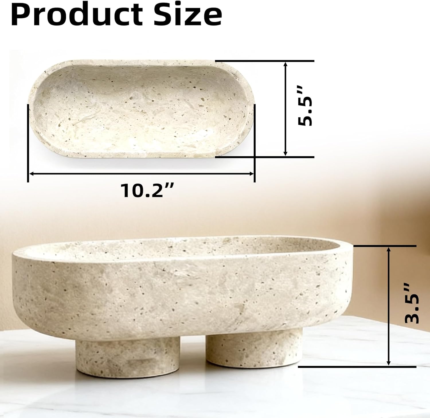 Natural Oval Travertine Decorative Bowl,Marble Friut Bowl with 2 Legs,Vanity Decorative Tray, Kitchen Countertop Decorative Bowl for Home Decor (Marble Bowl)