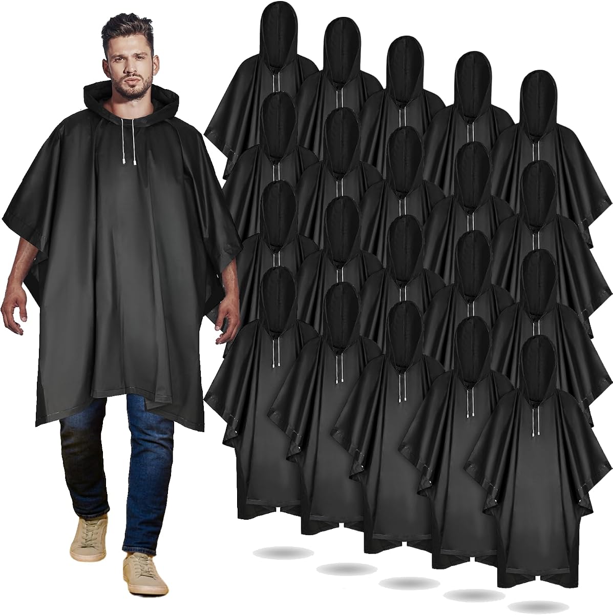 20 Pcs Rain Ponchos for Adult, Reusable Waterproof Plastic Rain Coat with Hood Portable Rainwear for Outdoor
