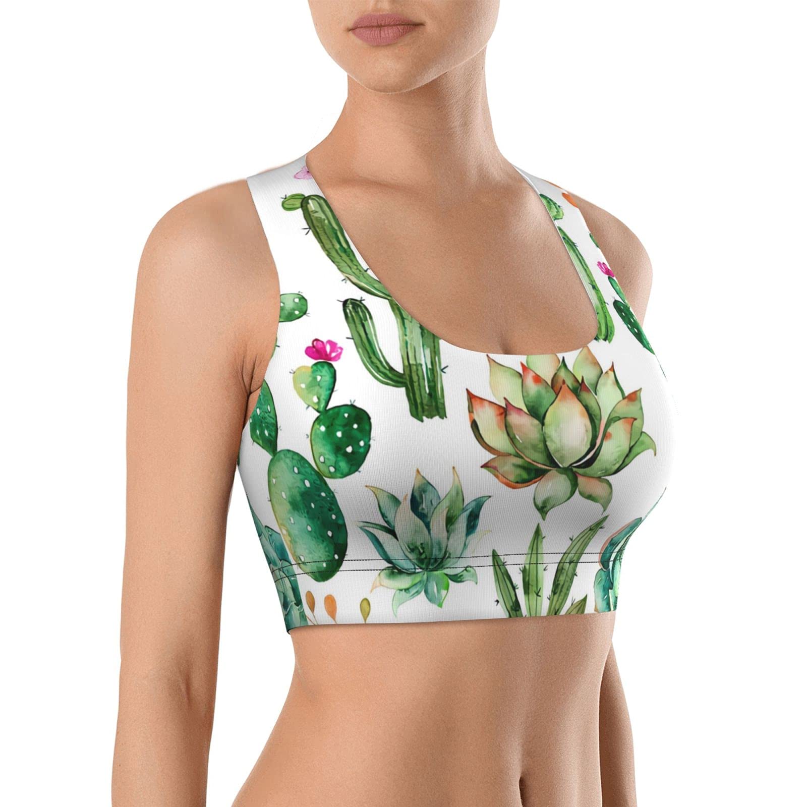 Seamless Comfortable Sports Bras for Women Longline Padded Bra Yoga Crop Tank Tops Fitness Workout Running Top, Plants Cactus Insulated, L