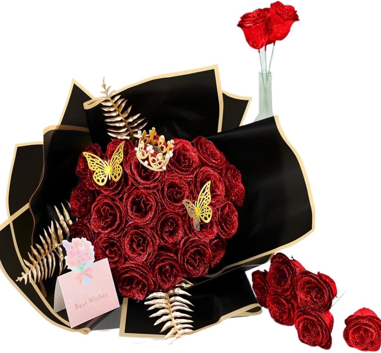 36 Pack DIY Glitter Roses Bouquet,Spring Beautiful Artificial Rose Bouquet for Graduations Wedding Anniversary Birthday(Red)