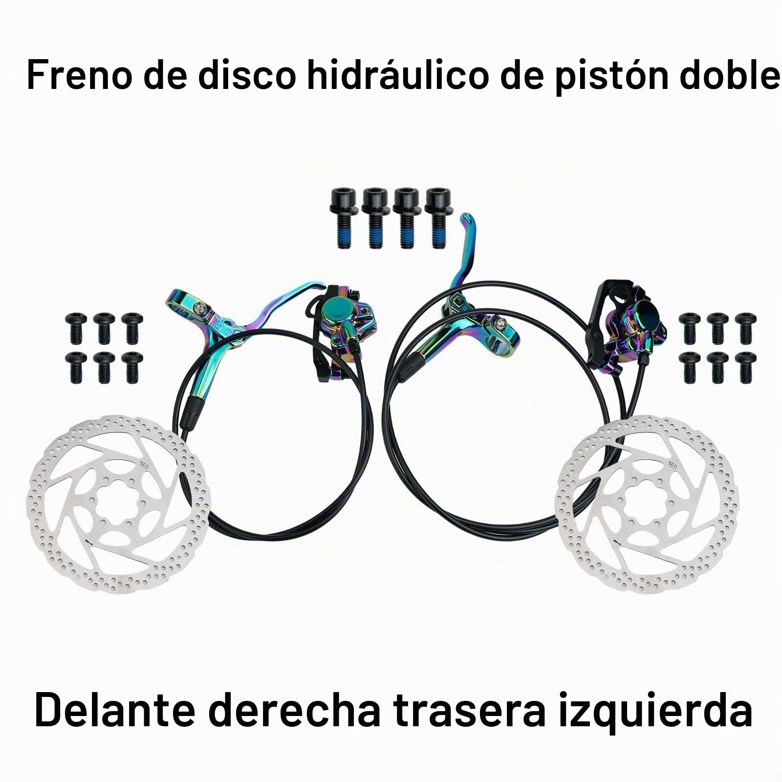 Juego de frenos de disco hidráulicos de doble pistón para bicicleta de montaña, sistema de freno de aceite delantero y trasero con rotores para bicicleta de carretera MTB (colorido)