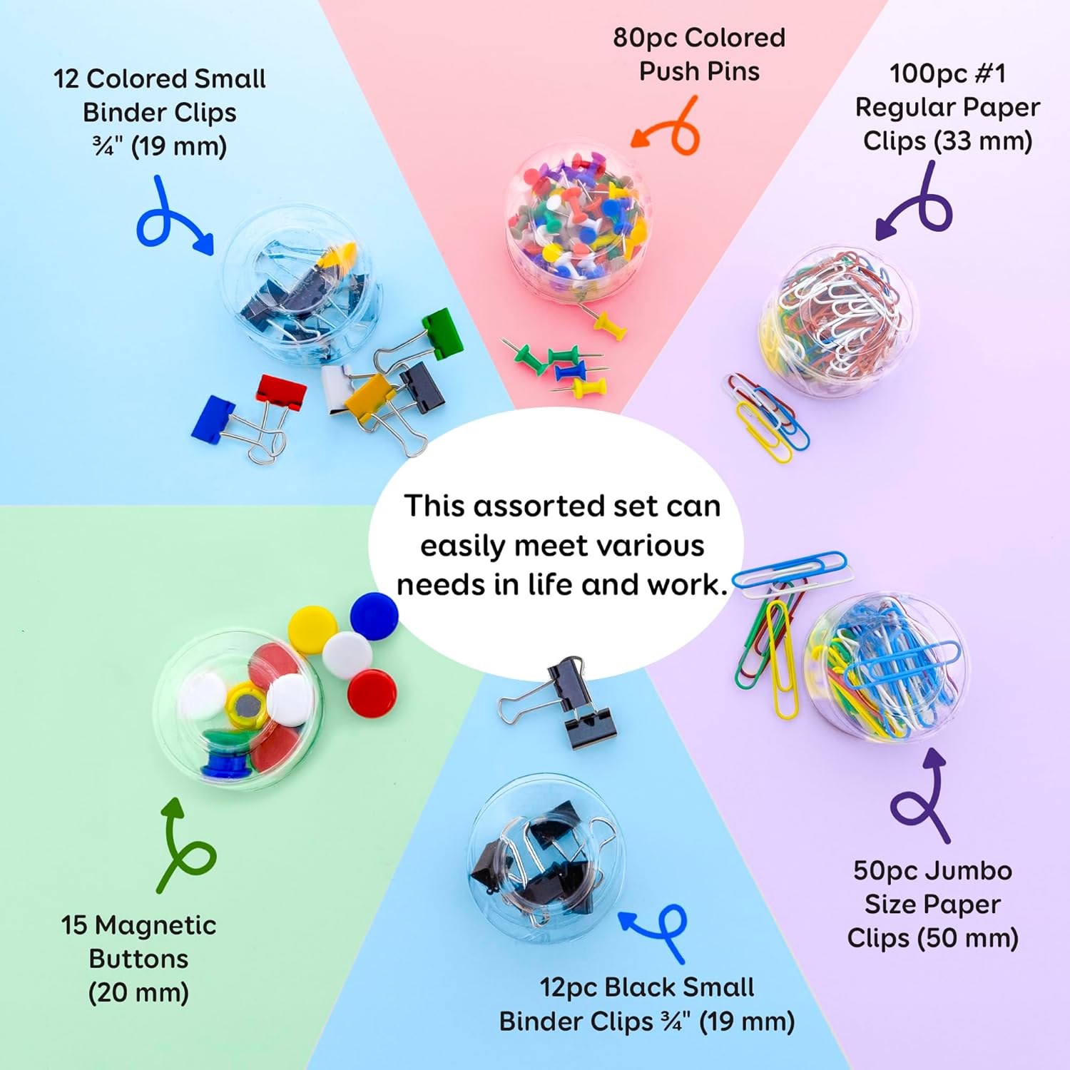 BAZIC Products Push Pin Tacks, Binder Clip, Magnetic Button Set, Large & Small Paper Clips, 6 Style Office School Supplies (269 Pcs/Pack), 12-Packs