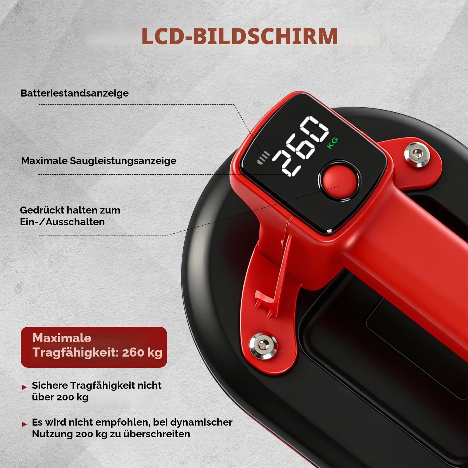 Akku Saugheber Saugnapf 260 kg, 24 cm Vakuumheber mit 2 x 3000 mAh Akku, mit LCD-Display, Glassauger zum Heben von Fliesen Granit Spiegel Plattenheber (EU)