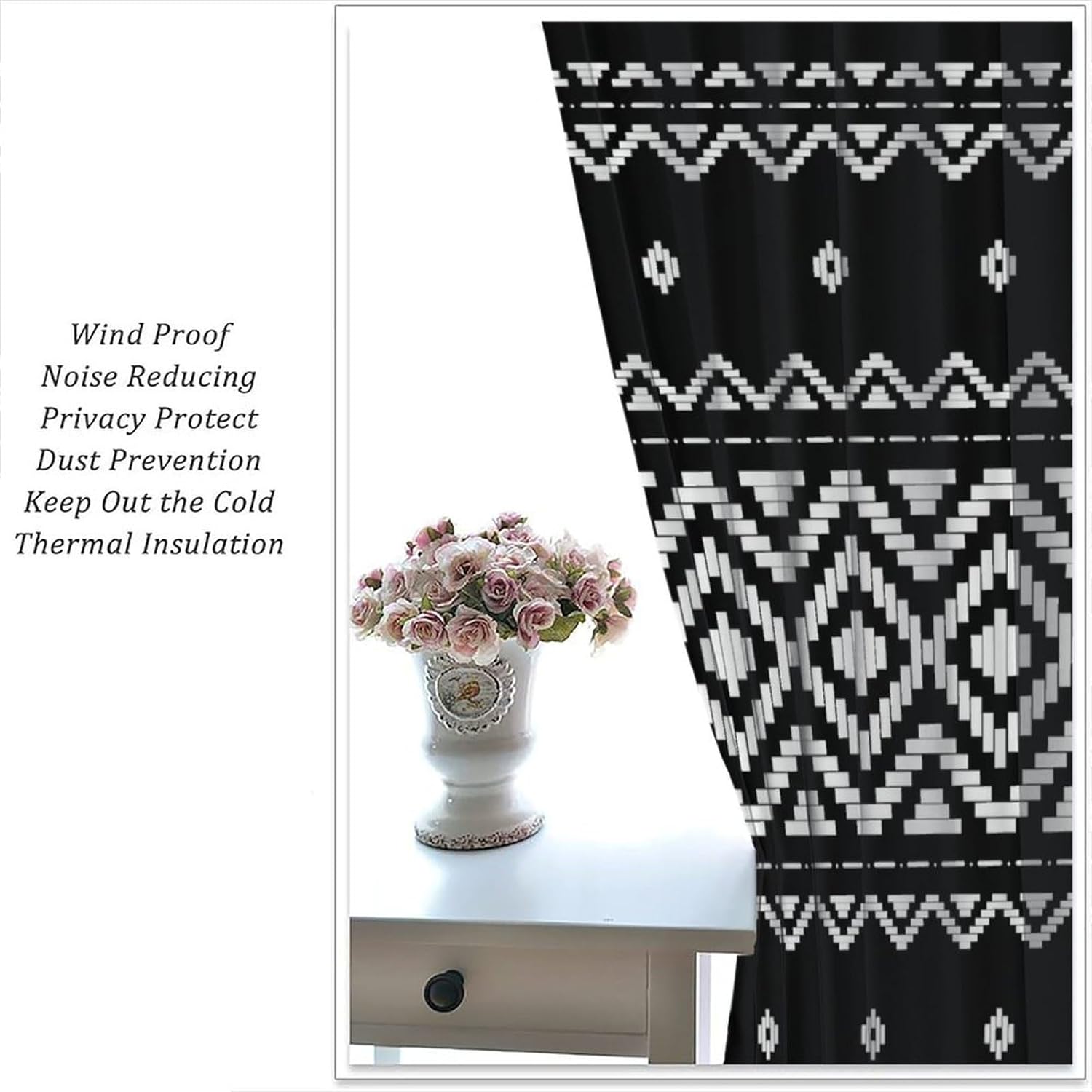 Aztec Curtain,Striped Chic Triangle and Geometric Boho Rod Pocket Blackout Window Treatments for Bedroom Living Room Decor Black and White 42" W X 54" L