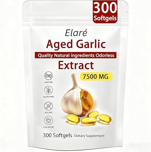 Elare Extracto de ajo añejo 300 unidades, 7500 mg, suplemento de ajo orgánico inodoro para apoyo cardíaco e inmunológico, vegetariano, sin OMG,