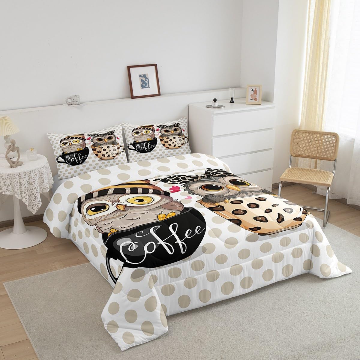 Owl Couple King Size Comforter Set Kids Kawaii Animals Decor All Season Bedding Set for Girls Teens Polka Dot Leopard Print Comforter Cute Owl Pattern Decor Quilt Set Bedroom Collection 3Pcs