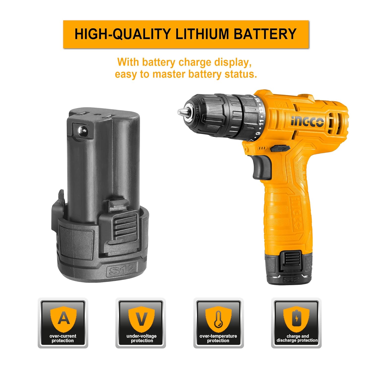 INGCO 12V Lithium-ion battery and drill with battery charge display