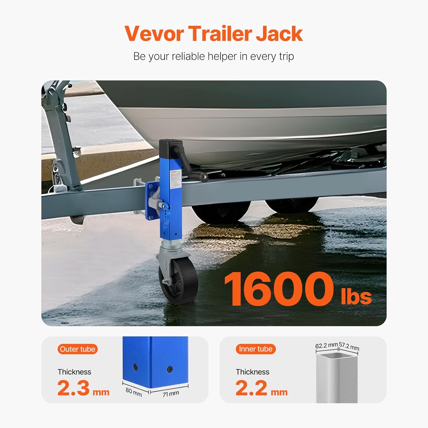 VEVOR Trailer Jack with Wheel, 1600 lbs Heavy Duty Swivel Boat Trailer Jack PP Single Wheel, 10" Lift, Bolt-on Trailer Tongue Jack with Ergonomic Handle for RV, Boat, Horse, Utility
