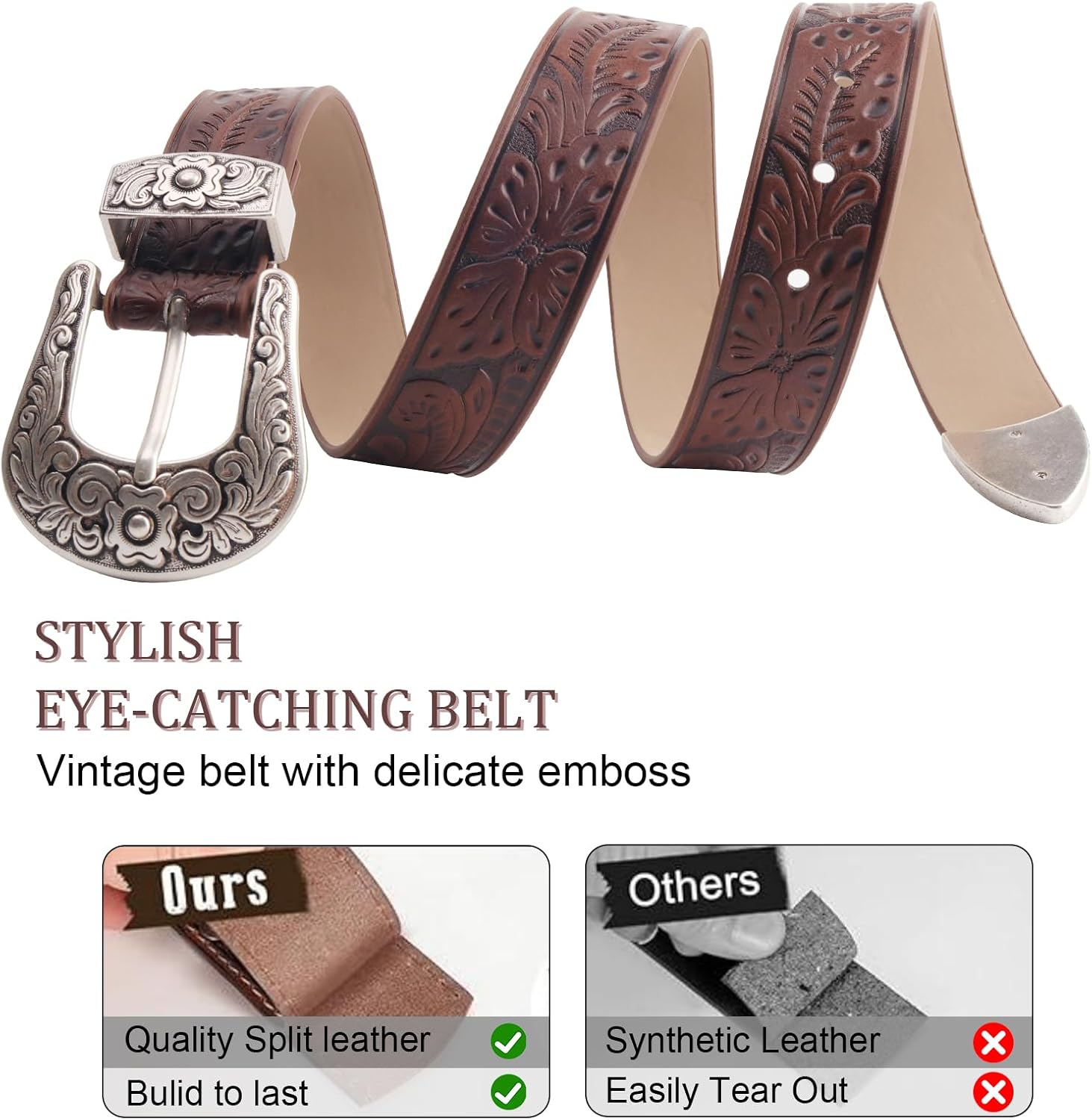 Western Belt for Women Vintage Cowboy Belts For Pants Jeans Country Belt with Floral Carved Design - Image 4