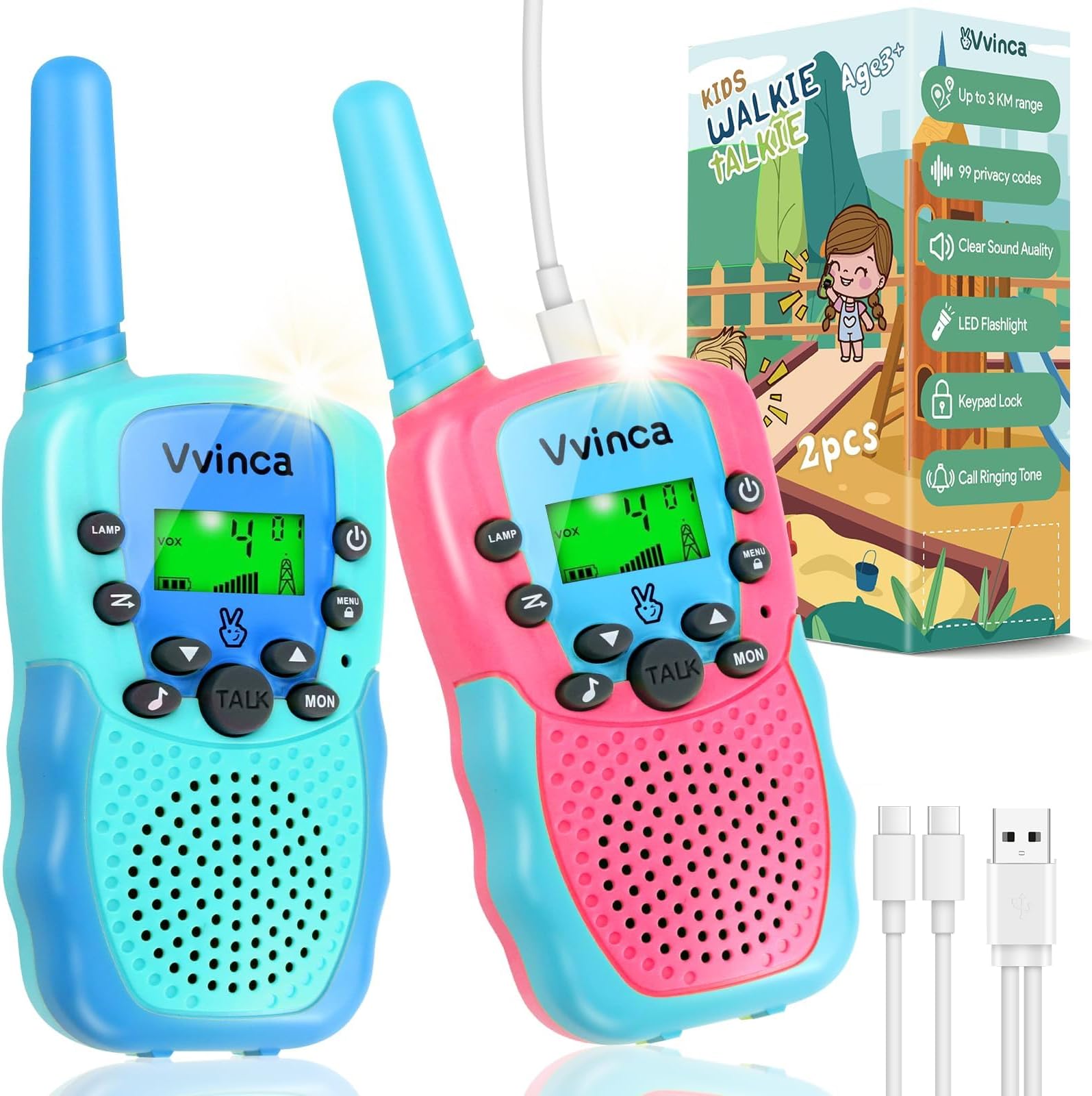 Vvinca Rechargeable Walkie Talkies for Kids, Long Range 22 Channels 2 Way Kids Walkie Talkie with Flashlight for Camping Hiking Indoor Outdoor Toy 3 4 5 6-12 Boy Girl Christmas Birthday Gifts 2 Packs