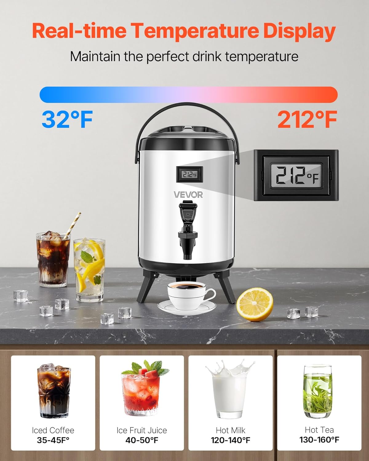 VEVOR Insulated Beverage Dispenser, 1.5 Gal/6L Stainless Steel Thermal Drink Server with Spigot & Temp Display, Suitable for Hot and Cold Drinks, for Tea Coffee Water in Cafes & Restaurants, Silver 1.5 Gal (1 Pack)