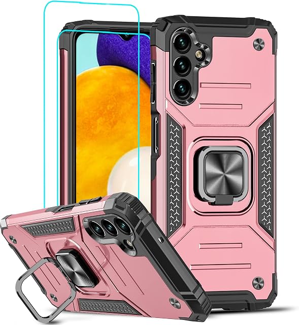 LeYi Rugged Armor Case for Samsung Galaxy A13 5G/ Samsung Galaxy A04s, [2 Pack] Tempered Screen Protector, Shockproof Military Grade Protective Hard Bumper Phone Case Cover with Ring Holder Rose Gold