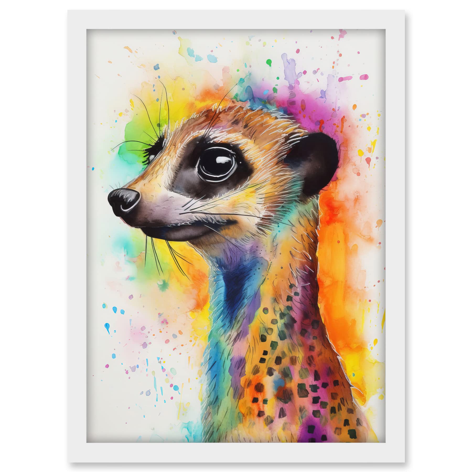Artery8 Meerkat Multicoloured Portrait Watercolour Painting Artwork Framed A3 Wall Art Print